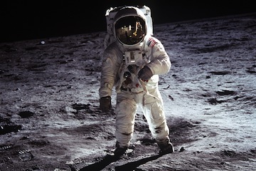 Buzz Aldrin walks on the moon