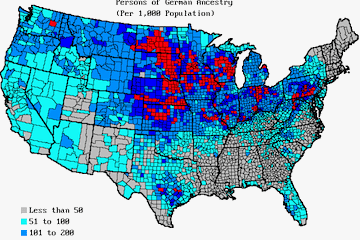 A U.S. map showing areas of heavy German settlement