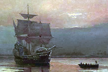 Mayflower in Plymouth Harbor, by William Halsall