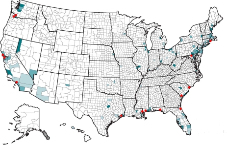 Mesothelioma mortality rates by county, 1999.