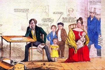 A Democratic family faces eviction from their home while the portraits of Andrew Jackson and Martin Van Buren hang on the wall, in this mocking Whig cartoon. A Democratic family faces eviction from their home while the portraits of Andrew Jackson and Martin Van Buren hang on the wall, in this mocking Whig cartoon.