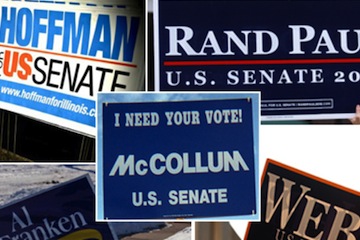 Campaign signs for U.S. Senate candidates attempting to win popular election