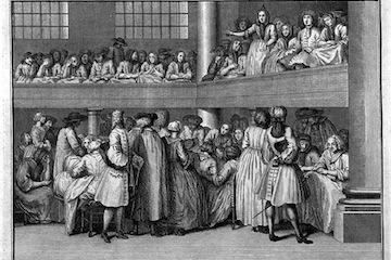 A woman speaks at an 18th century quaker meeting.