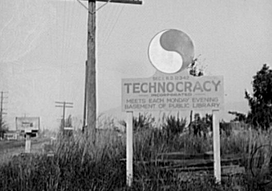 A technocracy sign at the edge of town during the Great Depression.